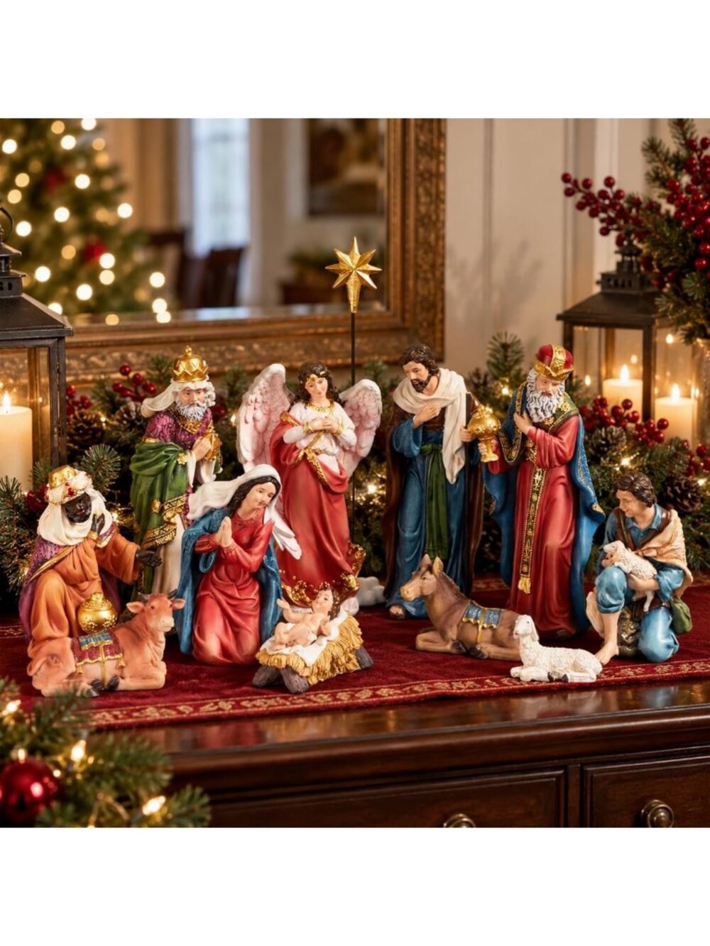 Christmas Nativity Set - 13-Piece Indoor Decor, 5.9" Tall Figures, Holiday